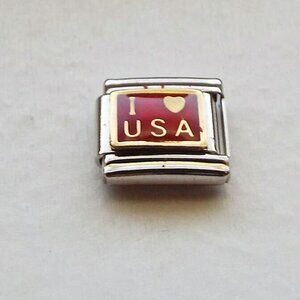 I heart USA on red enamel 9mm stainless steel italian charm bracelet link 01